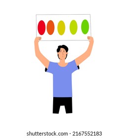 Concept CSAT, CES, NPS. Man Holding A Scale For Customer Reviews. Vector Illustration In Flat Design. 