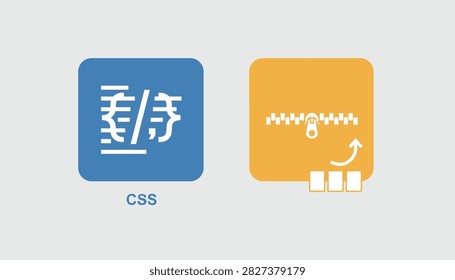 Concept of CSS file compression showing a stylesheet code icon and a zipper tool for shrinking digital code size.