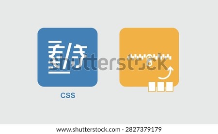 Concept of CSS file compression showing a stylesheet code icon and a zipper tool for shrinking digital code size.