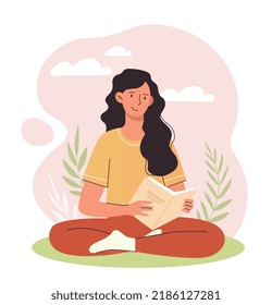 Concept of cultural hobby. Young woman sitting in park with book. Rest after work and weekends. Love for literature, distance education and self development. Cartoon flat vector illustration