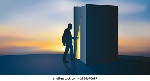 Concept of culture and knowledge, with a man symbolically entering the interior of a book.