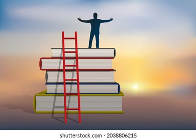 Concept of culture and knowledge, with a man symbolically climbing the social ladder by climbing books.