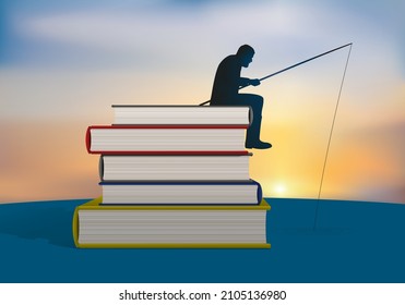 Concept of culture and knowledge, with a man symbolically fishing on top of a stack of books.