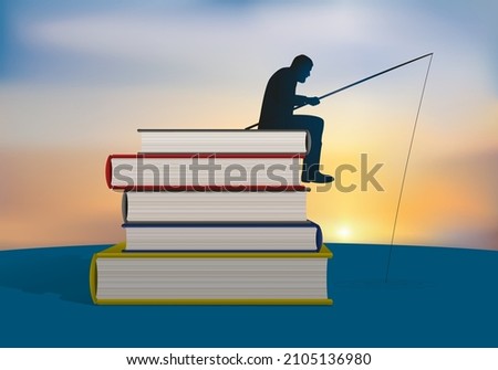Concept of culture and knowledge, with a man symbolically fishing on top of a stack of books.