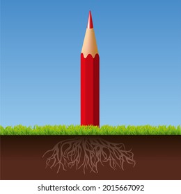 Concepto de cultura y conocimiento con un lápiz que crece como un árbol para simbolizar la búsqueda de una idea.