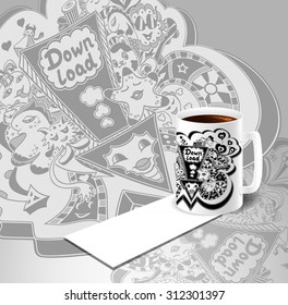 Concept with cup of coffee visit card and picture of  down load doodle monsters in white black for down load music, film, photo, pictures from web. Template banners down load