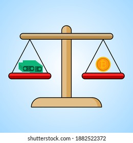 concept of currency exchange rate, one bitcoin is equal to more dollars measured by the scale, vector money concept illustration.
