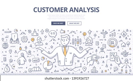 Concept of customer analysis. Businessman analyzing customers, discovering new information, building relationship with target audience. Doodle illustration for web banners, hero images