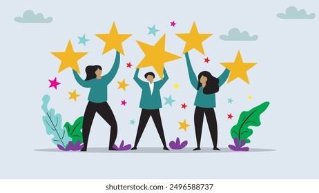 The concept of Customer Experience: Top Rating, Client Feedback, 5-Star Reviews, Positive Survey, Consumer Satisfaction Concept, Happy Customer Holding 5-Star Rating. Vector for business concept