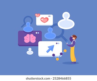 Konzept der Kundeneinsicht. Analyse und Durchführung von Forschungsarbeiten zu Nutzergewohnheiten und -präferenzen in sozialen Medien. Illustration eines Social-Media-Spezialisten, der Einsichtsdaten betrachtet. flaches Design