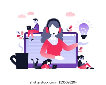 Concept customer and operator, online technical support 24-7 for web page. Vector illustration female hotline operator advises client. Online assistant, virtual help service.