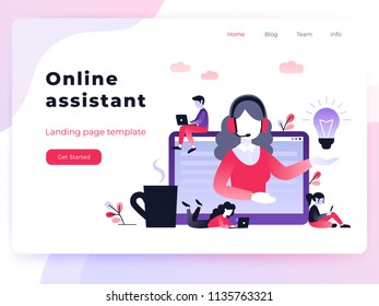 Concept customer and operator, online technical support 24-7 for web page. Vector landing page template female hotline operator advises client. Online assistant, virtual help service.