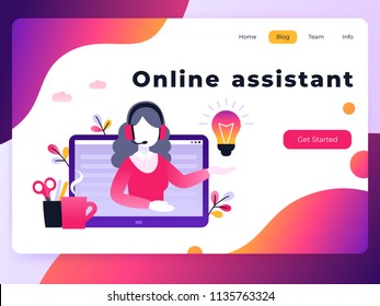 Concept customer and operator, online technical support 24-7 for web page. Vector landing page template female hotline operator advises client. Online assistant, virtual help service.