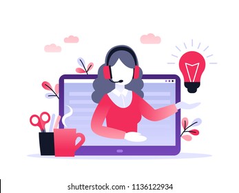 Concept customer and operator, online technical support 24-7 for web page. Vector illustration female hotline operator advises client. Online assistant, virtual help service.