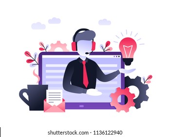 Concept Customer And Operator, Online Technical Support 24-7 For Web Page. Vector Illustration Male Hotline Operator Advises Client. Online Assistant, Virtual Help Service For Business.