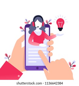 Concept customer and operator, online technical support 24-7 for web page. Vector illustration female hotline operator advises client. Online assistant, virtual help service on smartphone.
