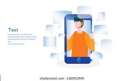 Concept customer and operator, online technical support 24/7 for web page, banner, presentation, social media, documents, cards, posters. Vector illustration male hotline operator advises client