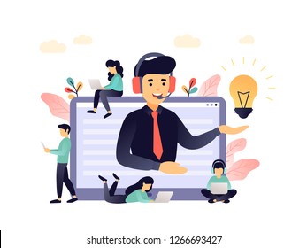 Concept customer and operator, online technical support 24-7 for web page. Vector illustration male hotline operator advises client. Online assistant, virtual help service for business
