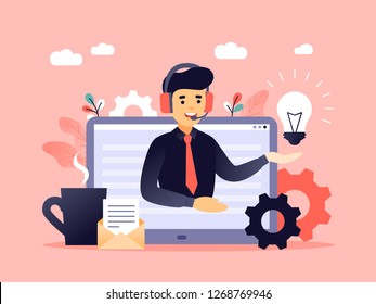 Concept customer and operator, online technical support 24-7 for web page. Vector illustration male hotline operator advises client. Online assistant, virtual help service for business