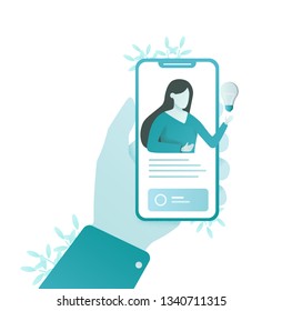 Concept customer and operator, online technical support 24-7 for web page. Vector illustration female hotline operator advises client. Online assistant, virtual help service on smartphone.