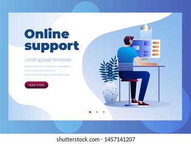 Concept customer and operator, online technical support 24-7 for web page. Vector illustration male hotline operator advises client. Online assistant, virtual help service. Landing page template 