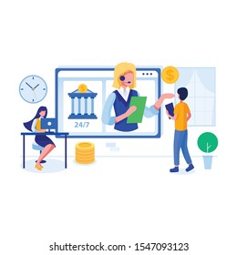 Concept customer and operator, online technical support 24-7 for web page. Female Customer Service Agent with Headsets Talking with Client. Online Customer Support and Helpdesk Concept.