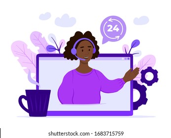 Concept customer and operator, online technical support 24-7 for web page. Vector illustration african american female hotline operator advises client. Online assistant, virtual help service.