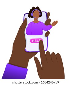 Concept customer and operator, online technical support 24-7 app for smartphone. Vector illustration african american female hotline operator advises client. Online assistant, virtual help service.