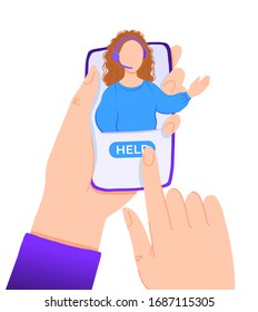 Concepto cliente y operador, soporte técnico en línea 24-7 aplicación para smartphone. El operador de la línea directa de ginger capilar de ilustración vectorial aconseja al cliente. Asistente en línea, servicio de ayuda virtual.