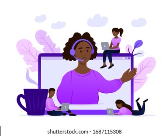 Concept customer and operator, online technical support 24-7 for web page. Vector illustration african american female hotline operator advises client. Online assistant, virtual help service.