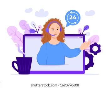 Concept customer and operator, online technical support 24-7 for web page. Vector illustration ginger hair female hotline operator advises client. Online assistant, virtual help service.