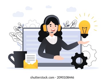 Concept customer and operator, online technical support 24-7 for web page. Vector illustration female hotline operator advises client. Online assistant, virtual help service