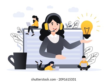 Concept customer and operator, online technical support 24-7 for web page. Vector illustration female hotline operator advises client. Online assistant, virtual help service