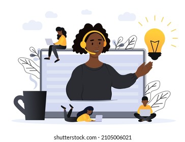 Concept customer and operator, online technical support 24-7 for web page. Vector illustration african american female hotline operator advises client. Online assistant, virtual help service.