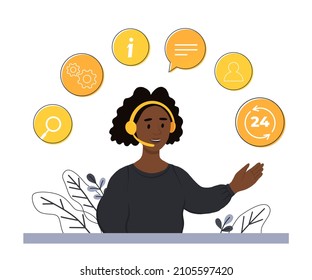 Concept customer and operator, online technical support 24-7 for web page. Vector illustration african female hotline operator advises client. Online assistant, virtual help service.