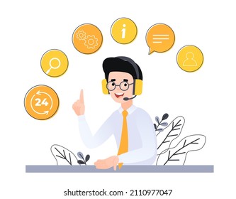 Concept customer and operator, online technical support 24-7 for web page. Vector illustration male hotline operator advises client. Personal assistant, Online assistant, virtual help service.