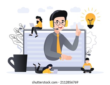 Concept customer and operator, online technical support 24-7 for web page. Vector illustration male hotline operator advises client. Personal assistant, Online assistant, virtual help service.