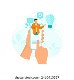Concept customer and operator, online technical support 24-7 for web page. Vector illustration male hotline operator advises client. Online assistant, virtual help service.
