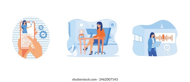 Concept customer and operator, online technical support for web page. Online assistant at work. Personal online assistant. Set flat vector modern illustration 