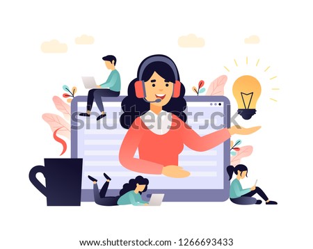 Concept customer and operator, online technical support 24-7 for web page. Vector illustration female hotline operator advises client. Online assistant, virtual help service in living coral palette