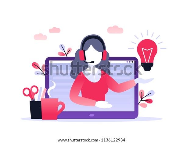 Concept customer and\
operator, online technical support 24-7 for web page. Vector\
illustration female hotline operator advises client. Online\
assistant, virtual help\
service.