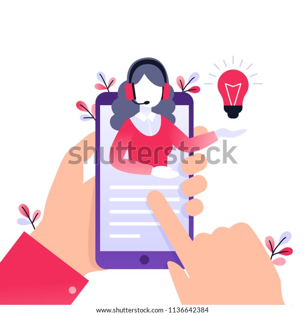 Concept\
customer and operator, online technical support 24-7 for web page.\
Vector illustration female hotline operator advises client. Online\
assistant, virtual help service on\
smartphone.