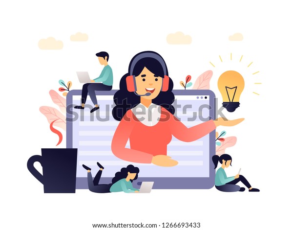 Concept customer and operator, online technical
support 24-7 for web page. Vector illustration female hotline
operator advises client. Online assistant, virtual help service in
living coral palette