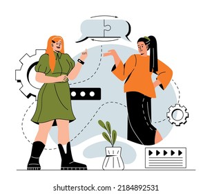 Concept of customer relations. Communication with consumers, solving their problems, feedback. Two young women conversation with each other. Improve work quality. Cartoon flat vector illustration