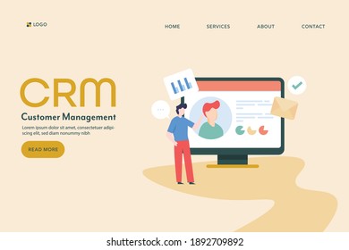 Concept of Customer relationship management, Businessman using CRM, Business software technology - conceptual vector illustration with icons and texts