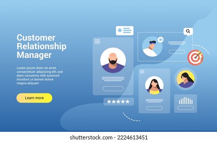 Concept of customer relationship management, marketing strategies and technologies for manage and development client interactions Vector landing page