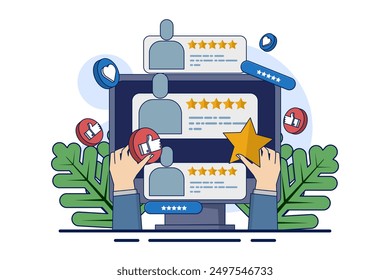 Concept of customer satisfaction indicators for products, services, consumer opinions, reviews, feedback, user experience. online survey. Testimonials, high ratings. Good quality products or services.