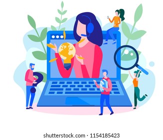 Concept customer service, hotline operator advises client for web page, banner, presentation, social media. Online global technical support 24/7. Vector illustration Idea of advice, help,  assistance.