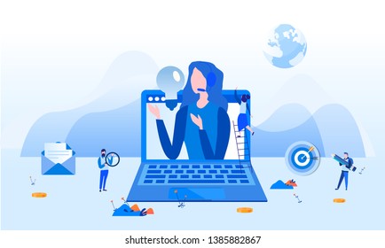Concept customer service, hotline operator advises client for web page, banner, presentation, social media. Online global technical support 24/7. Vector illustration Idea of advice, help,  assistance.