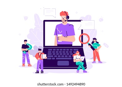 Concept customer service, hotline operator advises client for web page, banner, presentation, social media. Online global technical support 24\7. Vector illustration Idea of advice, help, assistant